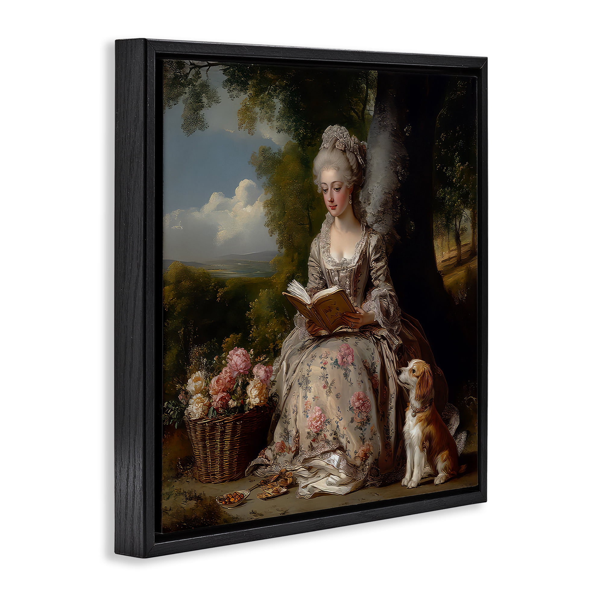 Stupell Industries Rococo Lady with Dog Black Framed Floater Canvas Wall Art, design by The Wands Want