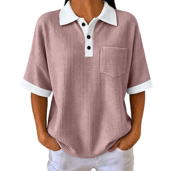 Hurxie Women's Old Money Half Button Golf Shirts Elegant Collared Tops with Pocket Pink,M