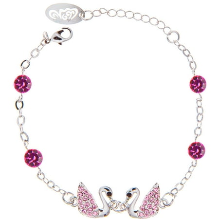 Rhodium Plated Bracelet with Loving Swans Design with Lobster Clasp and High Quality Rose Crystals by Matashi