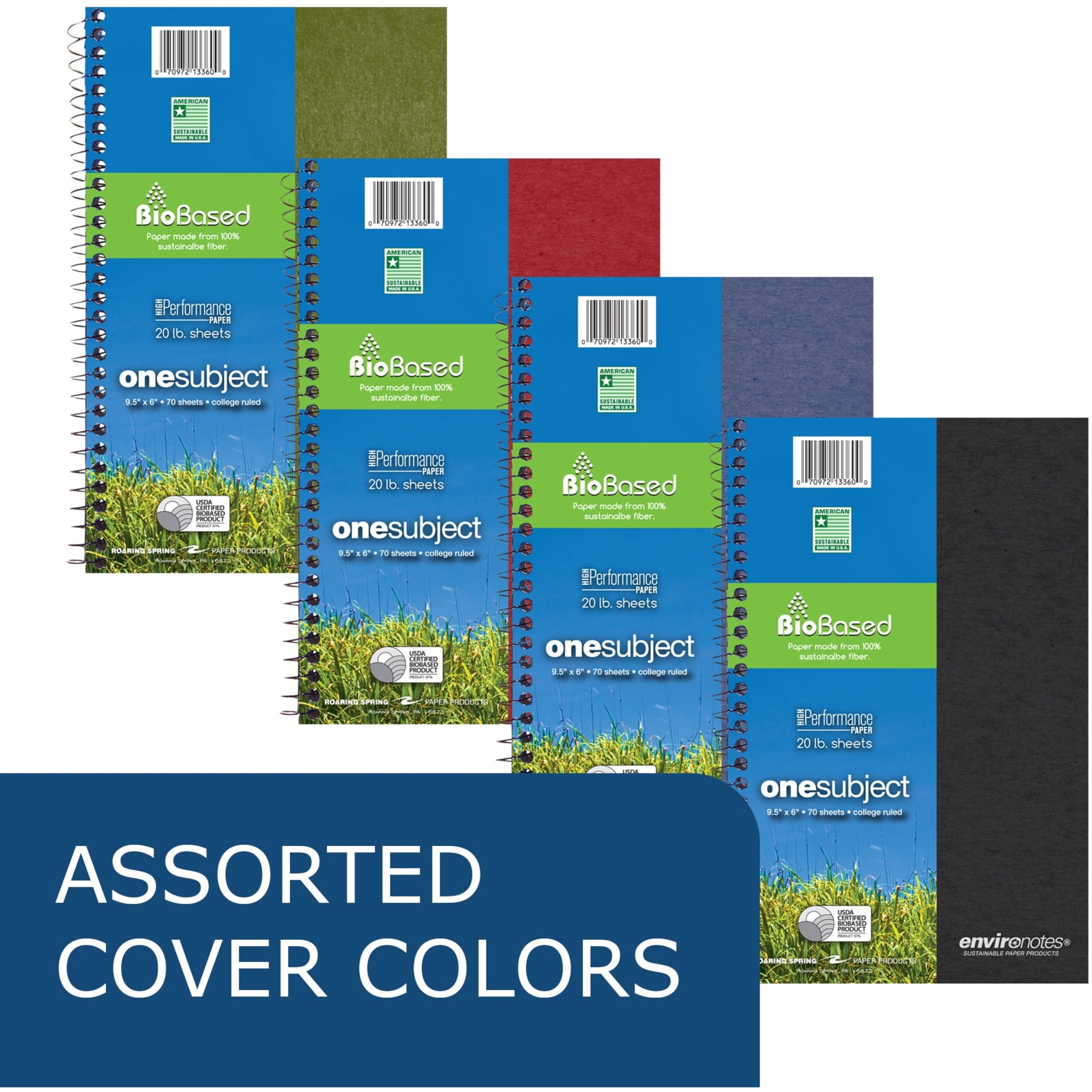Roaring Spring Environotes College Ruled 1 Subject Recycled Spiral Notebook, 1 Case (24 Total), 9.5" x 6" 70 Sheets, Assorted Earthtone Covers
