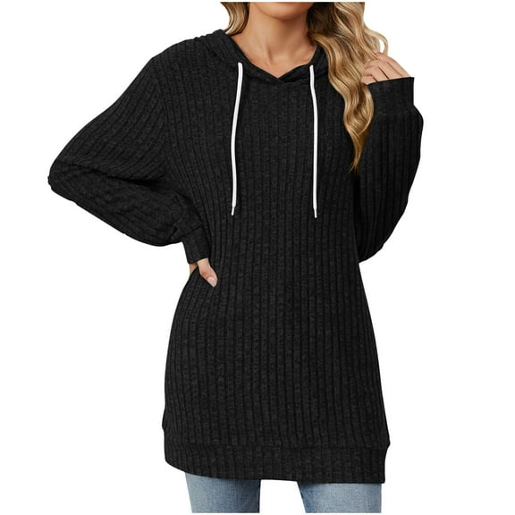YUGYXL Womens Hoodies Drawstring Long Sleeve Casual Hooded Sweatshirts Lightweight Pullover Tops Tunics Fall Outfits Black L
