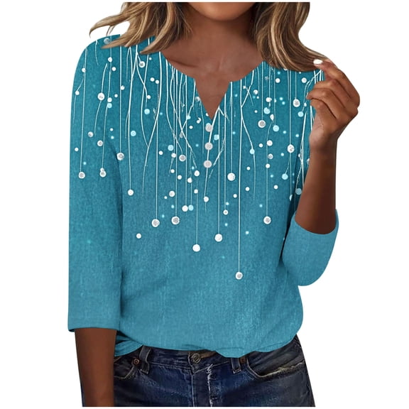 Jsaierl 3/4 Length Sleeve Womens Tops Casual Button Up V Neck Shirts Trendy Print Ladies Blouses Work Elegant T-shirts Top S-3XL