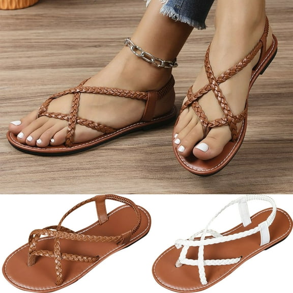 Jacenvly 2024 New Summer Herringbone Fish Mouth Sandals Low Heels Casual Round Toe Flat Bottomed Women's Large Size Brown Sandals for Women