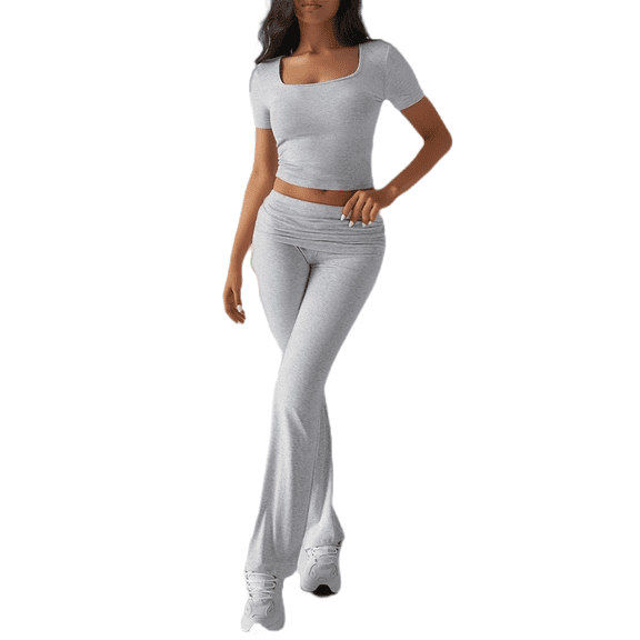 LYMAYTER Women Two Piece Lounge Set Outfits Short Sleeve Foldover Top Flare Pants Tracksuit Casual Sets
