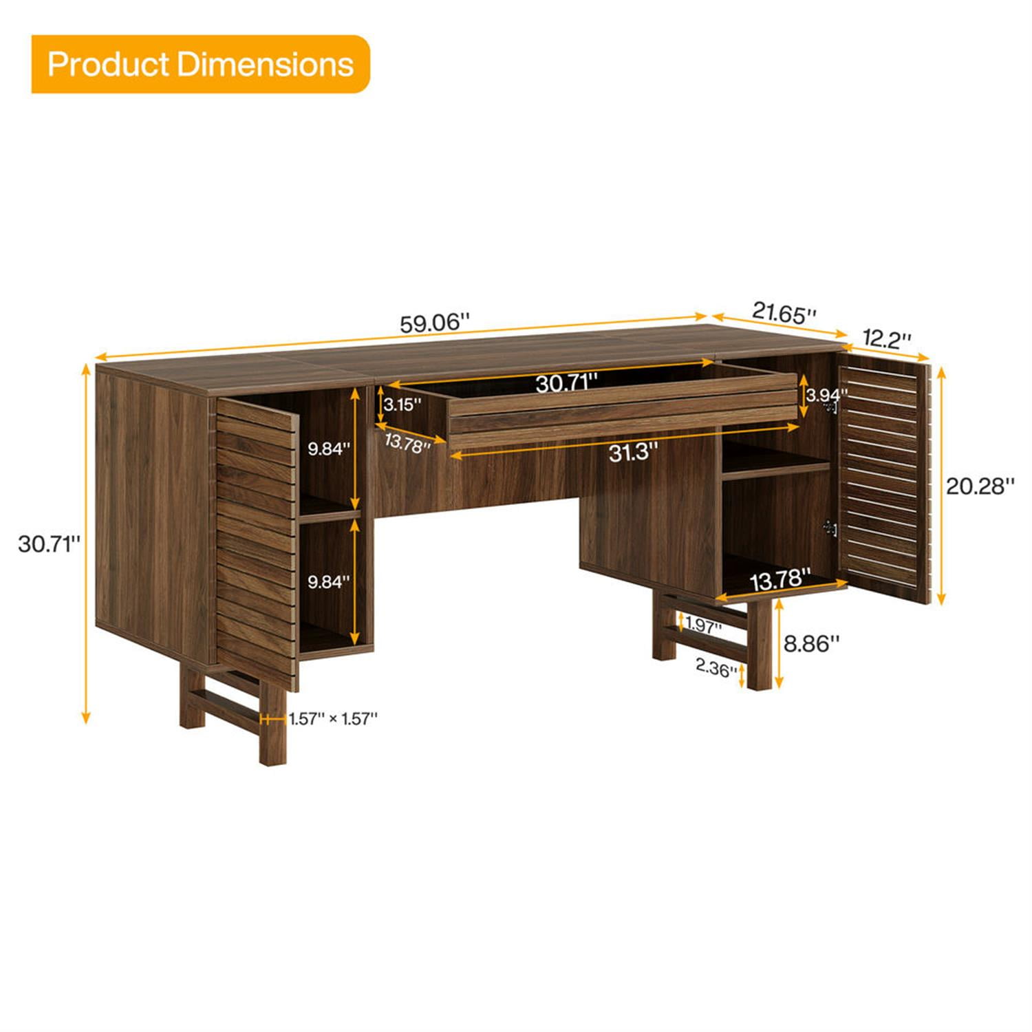 Demi Bonn 59" Executive Computer Desk with Storage Drawers, Modern Study Writing Gaming Table for Home Office, Brown
