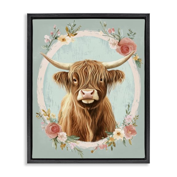 Stupell Industries Cottage Highland Cow In Floral Border Black Floating Frame Canvas Art, 17 x 21, by Petals Prints Design
