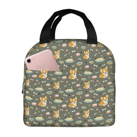 Lunch Bag for Women Men Kids  Funny Cute Corgi Dog Collar School Insulated Lunch Box Reusable Lunch Tote Bag with Front Pocket fit Work Picnic Camping