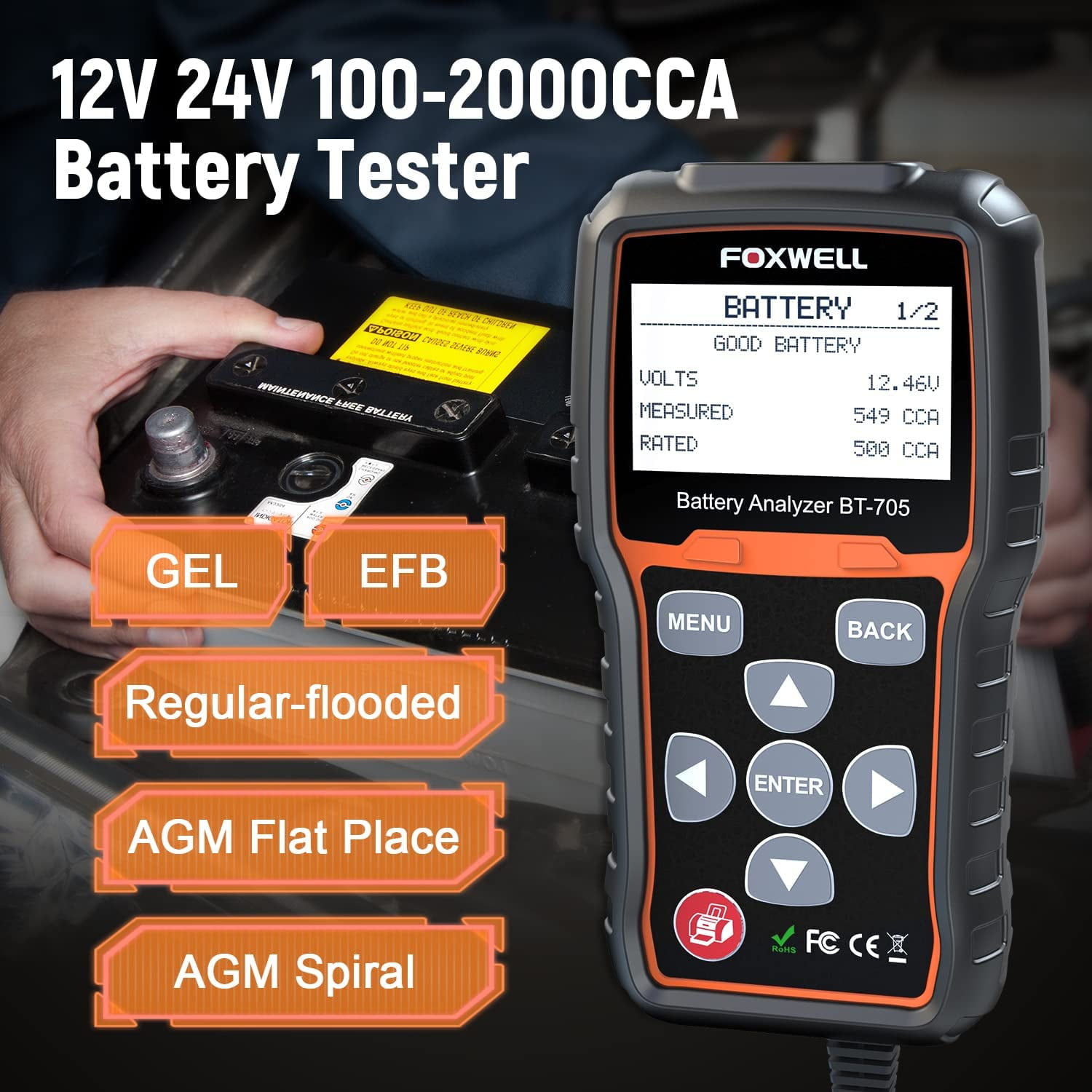 Foxwell BT705 12&24V Car Truck Battery Load Tester Charge System Diagnostic Tool 