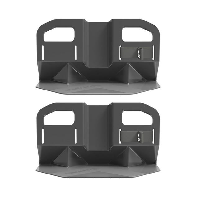 Stayhold Car Organizer Kit with 2 Medium Rubber Liner Car Trunk Organizer Inserts in grey. The kit includes two durable and flexible plastic organizers designed to secure items like groceries, luggage, and toolboxes in car trunks. Each organizer features specialized rubber grip teeth for secure attachment to the trunk floor and customizable compartments for versatile storage. Suitable for sedans, SUVs, and cars.