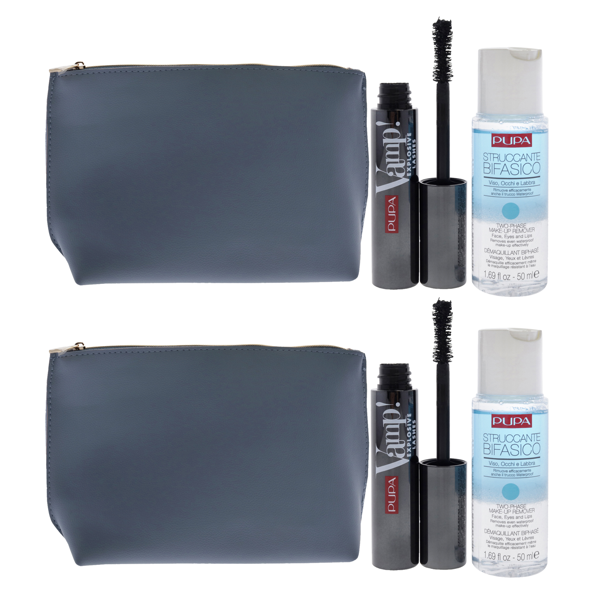 Pupa Milano Vamp! Explosive Lashes and Two-Phase Make-Up Remover Set - Pack of 2 , 3 Pc 0.40oz Vamp! Explosive Lashes - 110 Black, 1.69oz Two-Phase Make-Up Remover, Beauty Bag