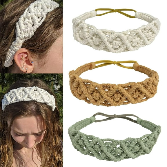 3PCS Handmade Knit Crochet Headbands Elastic No Slip Macrame Boho Hairband for Women Girls Wide Top Knot Turban Hair Bands