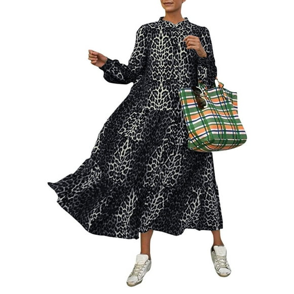 Celmia Ladies Long Sleeve Leopard Print Pleated Swing Casual Maxi Dress