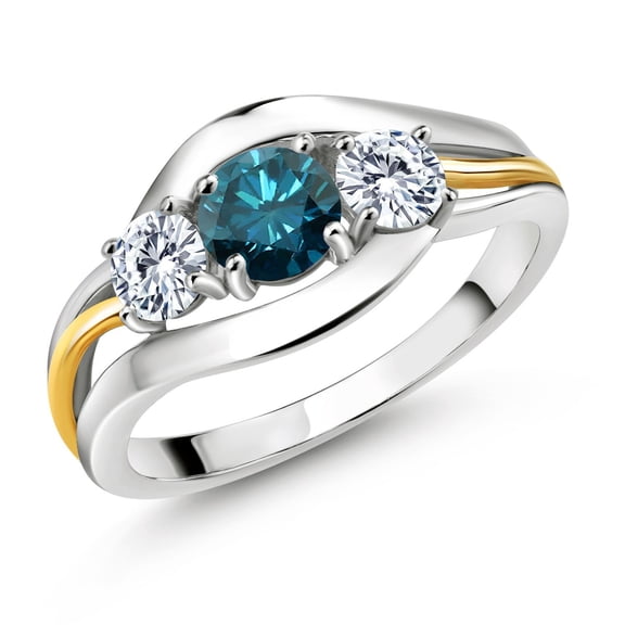 Gem Stone King 925 Sterling Silver and 10K Yellow Gold Round Blue Diamond and White Moissanite 3 Stone Ring for Women (1.01 Cttw, Available in Size 5, 6, 7, 8, 9)