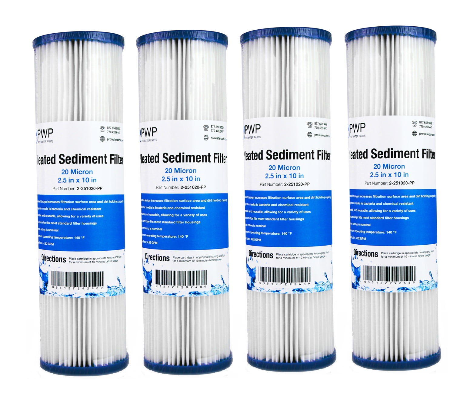 Pleated Poly Sediment Water Filter Cartridge Standard 2.5x10' 20 Micron 4 Pack