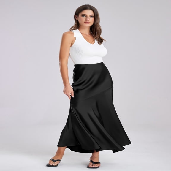 LYMAYTER Women Fishtail Skirts High Waist Wrap Maxi Skirt Elegant Satin A Line Length Skirts S-XL