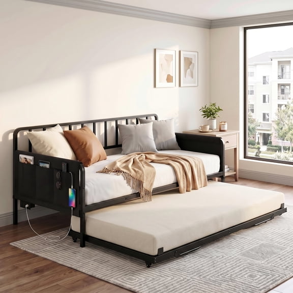 Twin Metal Daybed with Trundle, LED Lights, Charging Station & Storage Pockets, Black