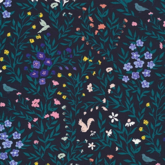 Navy green woodland floral Daffodil organic cotton - Perennial Sold by the Quarter Yard