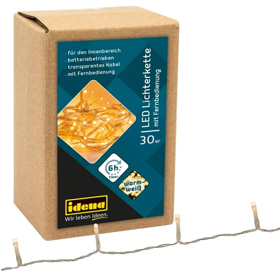 Idena 31602 LED Fairy Lights with 30 LEDs in Warm White, 6 Hour Timer Function, Battery Operate