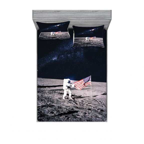 Outer Space Bedding Set with Sheet & Covers, Moon Astronaut on Universe with American Flag Milky Way Inspired Future Picture, Printed Bedroom Decor 2 Shams, 4 Sizes, Brown Blue, by Ambesonne