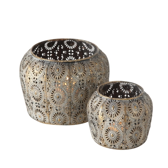 Daisy Candle Lantern, Set of 2, Lattice, Mandala Pattern Vintage Gold,  7 Inches