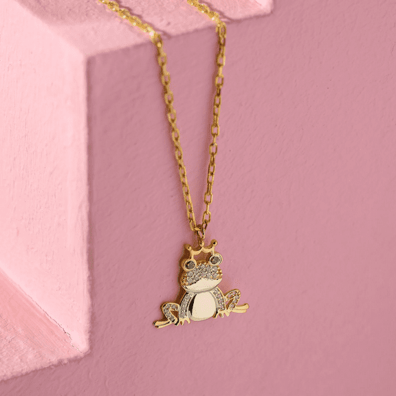 1Ct Simulated Diamond 925 Silver Frog Prince Pendant 14K Yellow Gold Plated