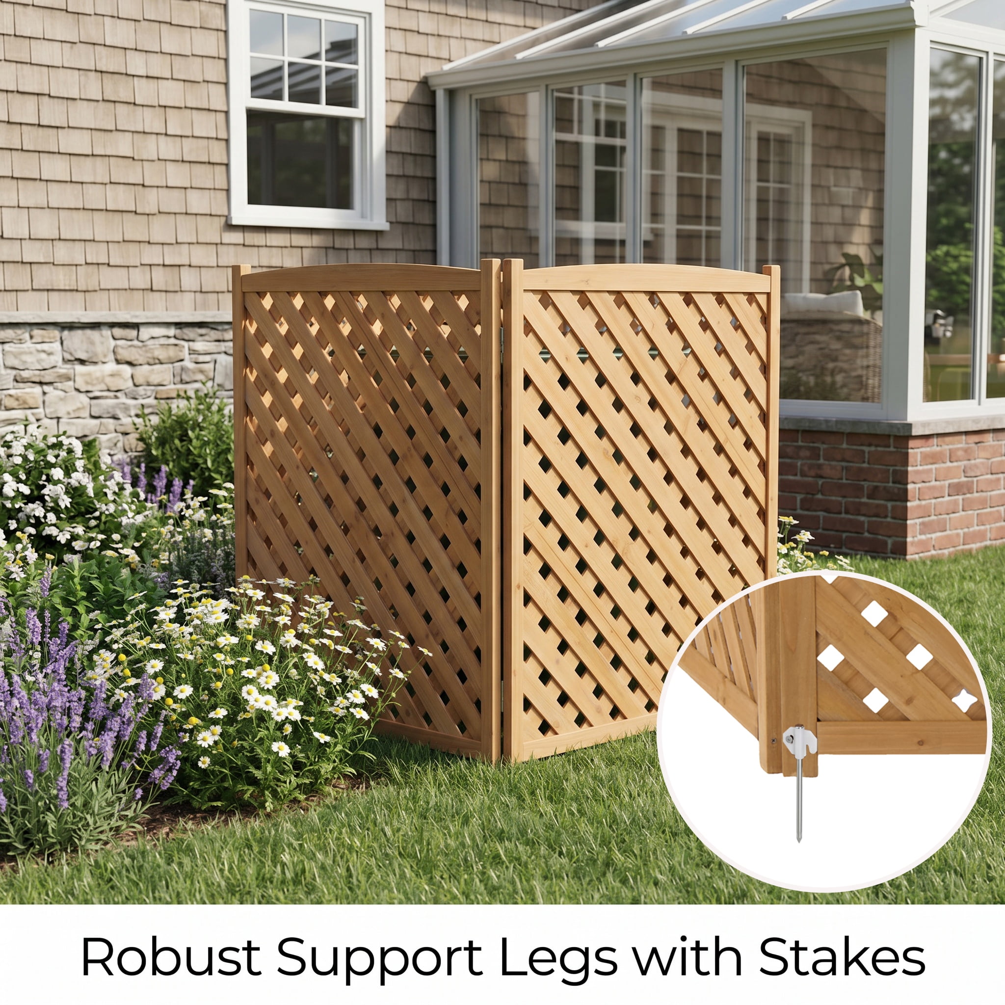 Outdoor Wood Privacy Fence 3-Panel 32W x 38H, Solid Wood Air Conditioner Screen with Slat Spacing for AC Unit Trash Can Pool Pump Enclosure, Light Brown