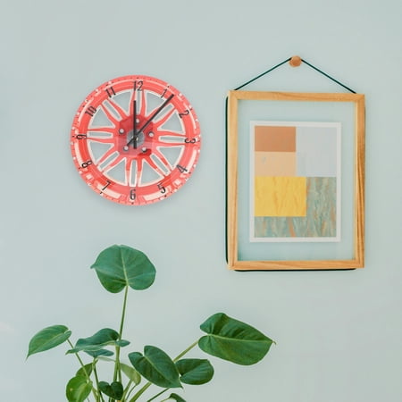 FUEENIRVA Retro Style Car Wheel Wall Clock, Red Acrylic, 30x30x4 cm, Unique Home Decor for Living Room or Office