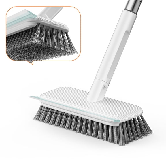 Wire Scrub Brush with Long Handle, Heavy-Duty Stainless Steel Bristle Floor Scrubber with Scraper for Concrete, Patio, Deck, Driveway & Garage