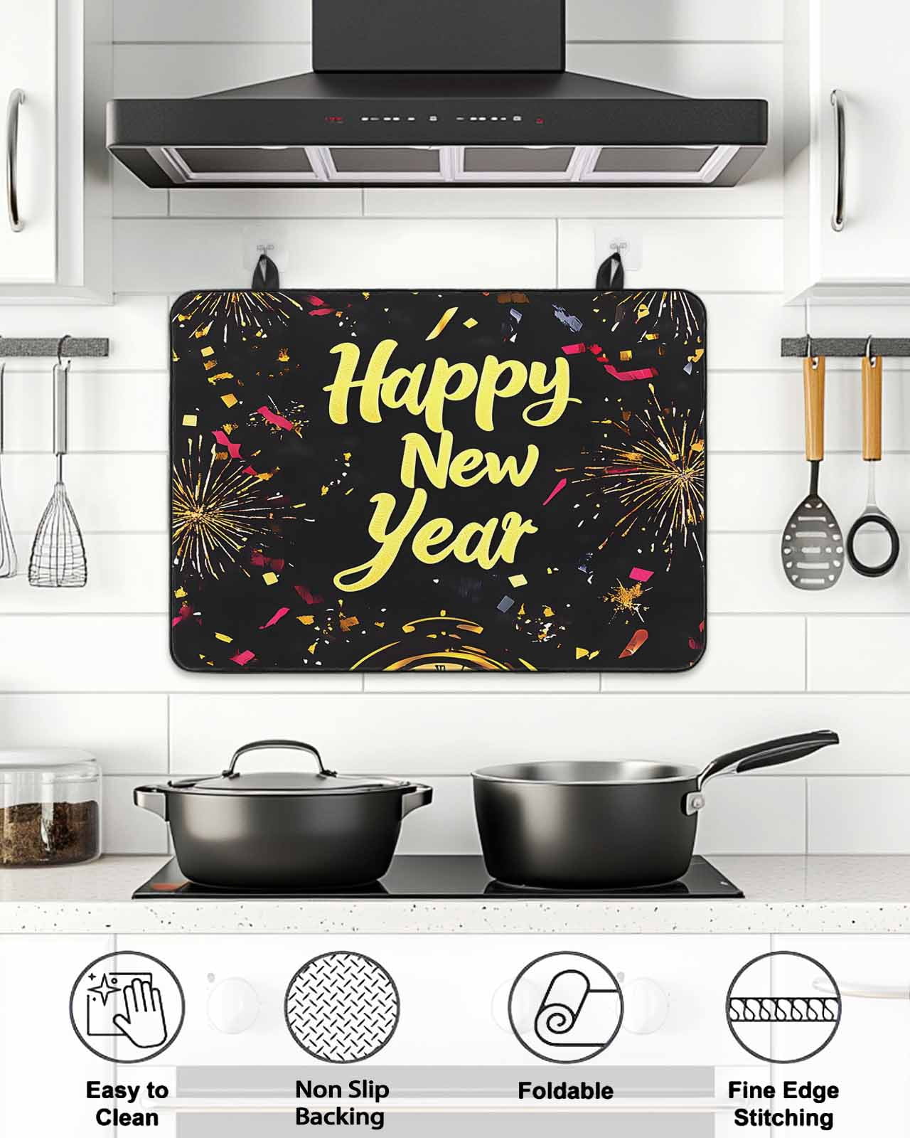 Stove Top Covers for Electric Stove, Happy New Year Glass Stovetop Cover Protector, Colorful Abstract Art Induction Cooktop Protector Oven Mat for Kitchen Countertop 24"x21"