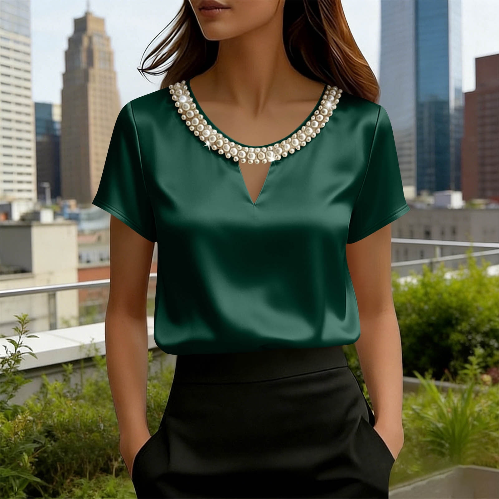 Uootdi Women's Tops Pearl Decor V Neck Short Sleeve Satin Solid