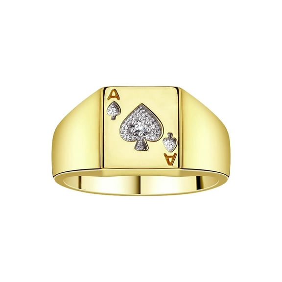 RYLOS Gambling Rings Yellow Gold Plated Silver Lucky Ace of Spades Poker Ring W/ Diamonds,   Size 13
