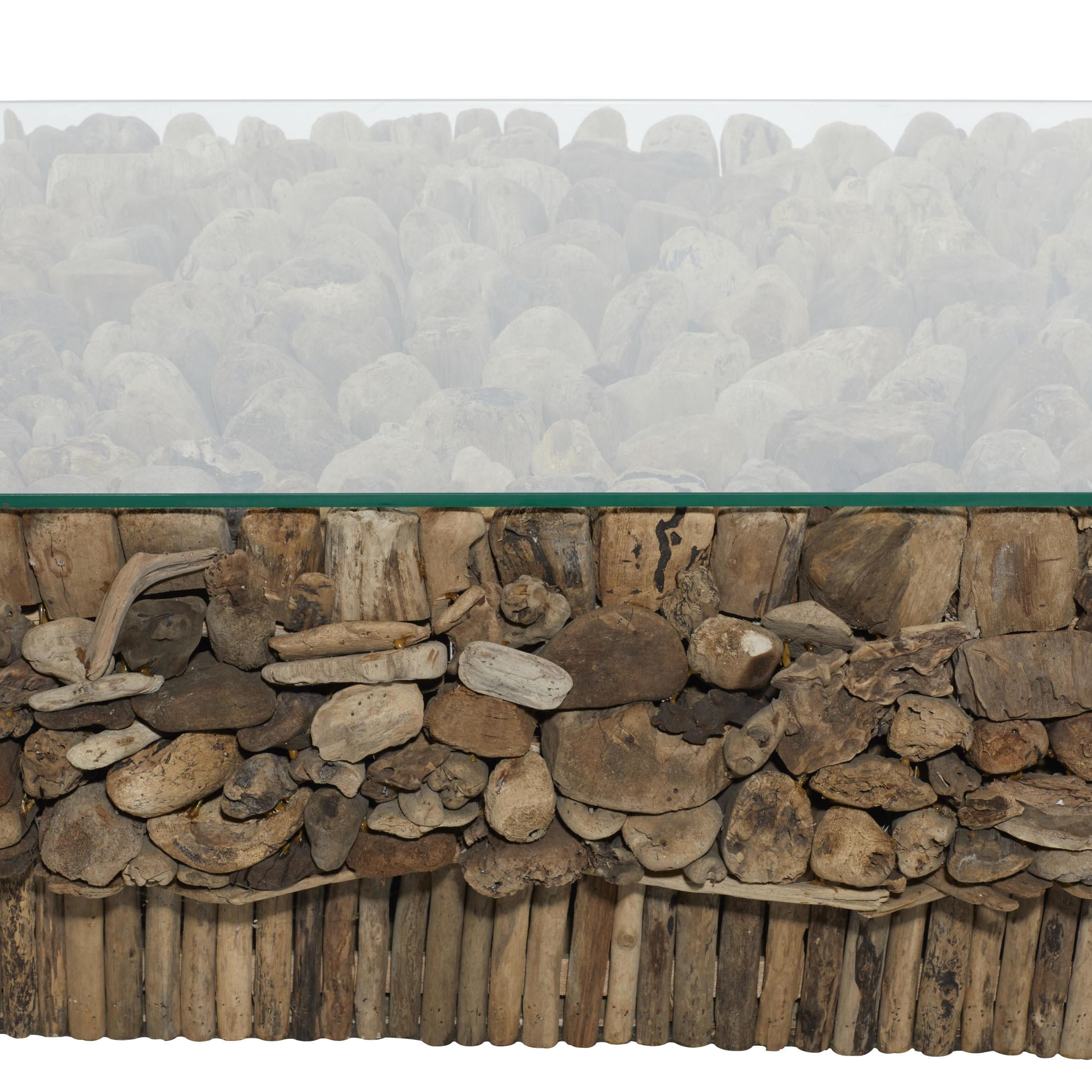 DecMode 49" x 17" Brown Driftwood Handmade Stacked Collage Coffee Table with Tempered Glass Top and Pedestal Base, 1-Piece