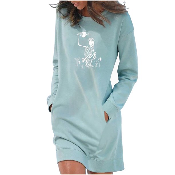 Vestido estampado de Halloween con cuello redondo, manga larga, cómodo, informal, a la moda para mujer Pompotops hdfakjf3385