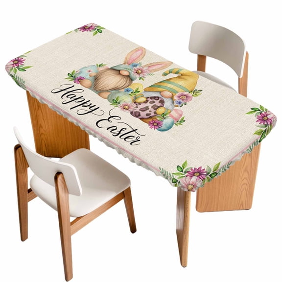 Easter Gnomes Table Cloths for 5 Foot Rectangle Tables, Spring Floral Colorful Eggs Leaves Beige Patio Waterproof Elastic Fitted Tablecloths, Washable Rectangular Table Cover for Camping