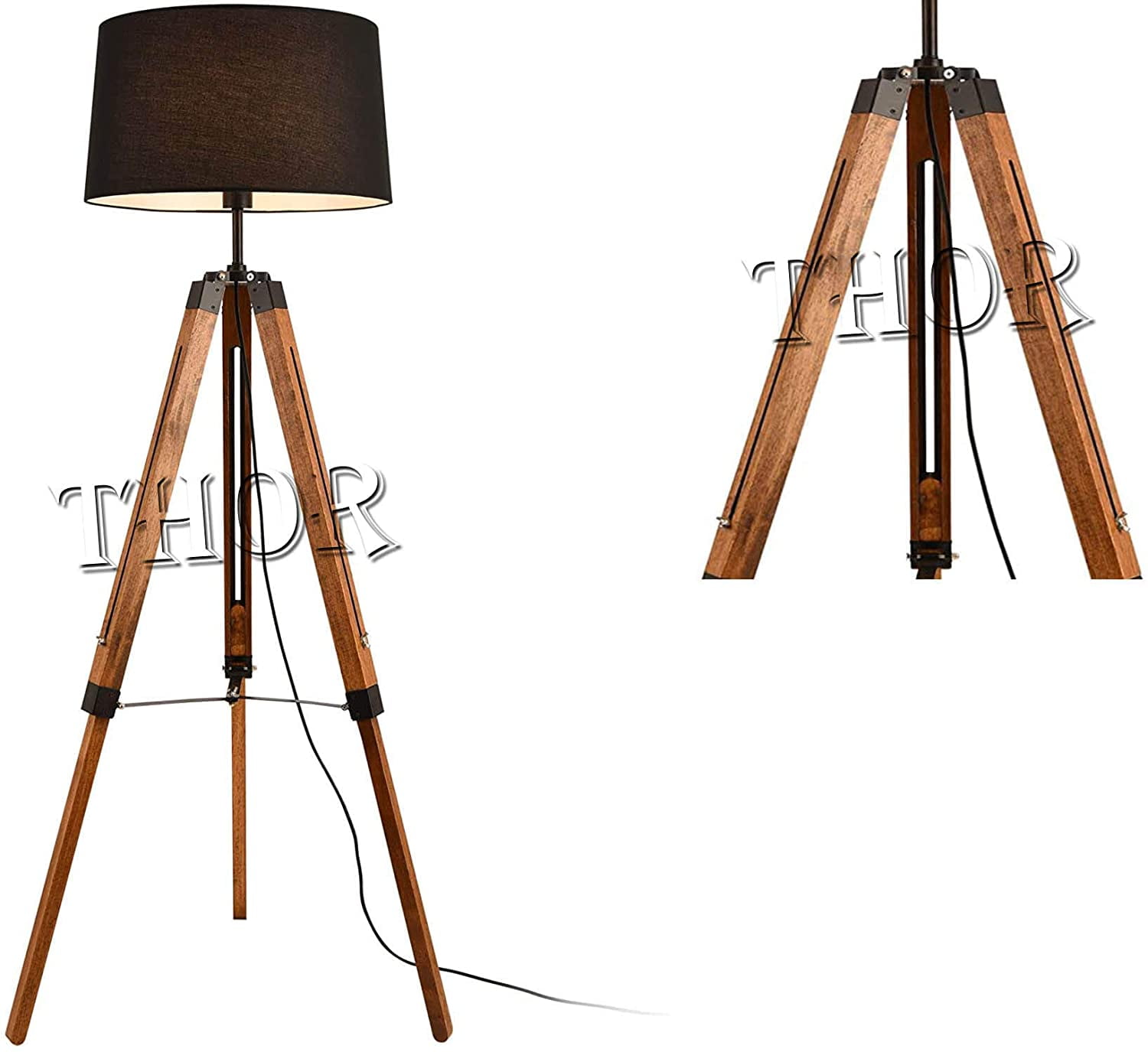 Vintage Industrial Style Brown Wooden Tripod Floor LAMP (Without Shade