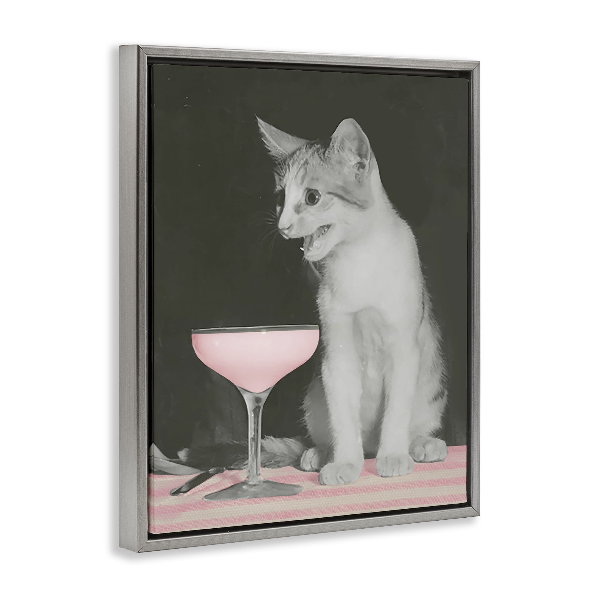Stupell Industries Cat & Pink Drink Food & Beverage Painting Gray Floater Framed Canvas Art Print Wall Art, 17 x 21