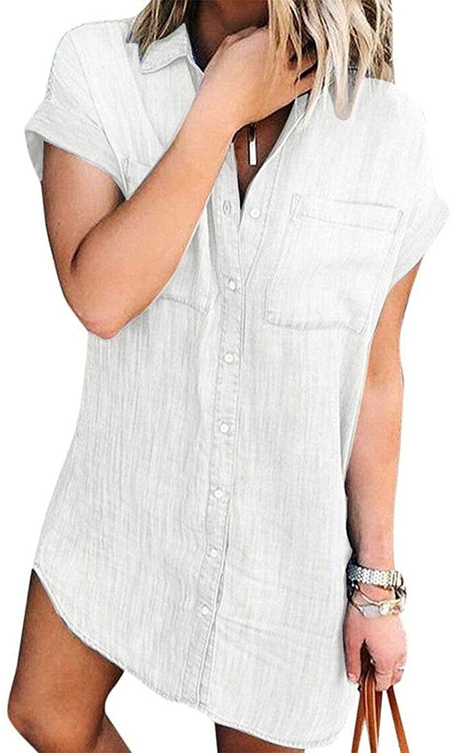 Women Summer Short Sleeve Denim Shirt 