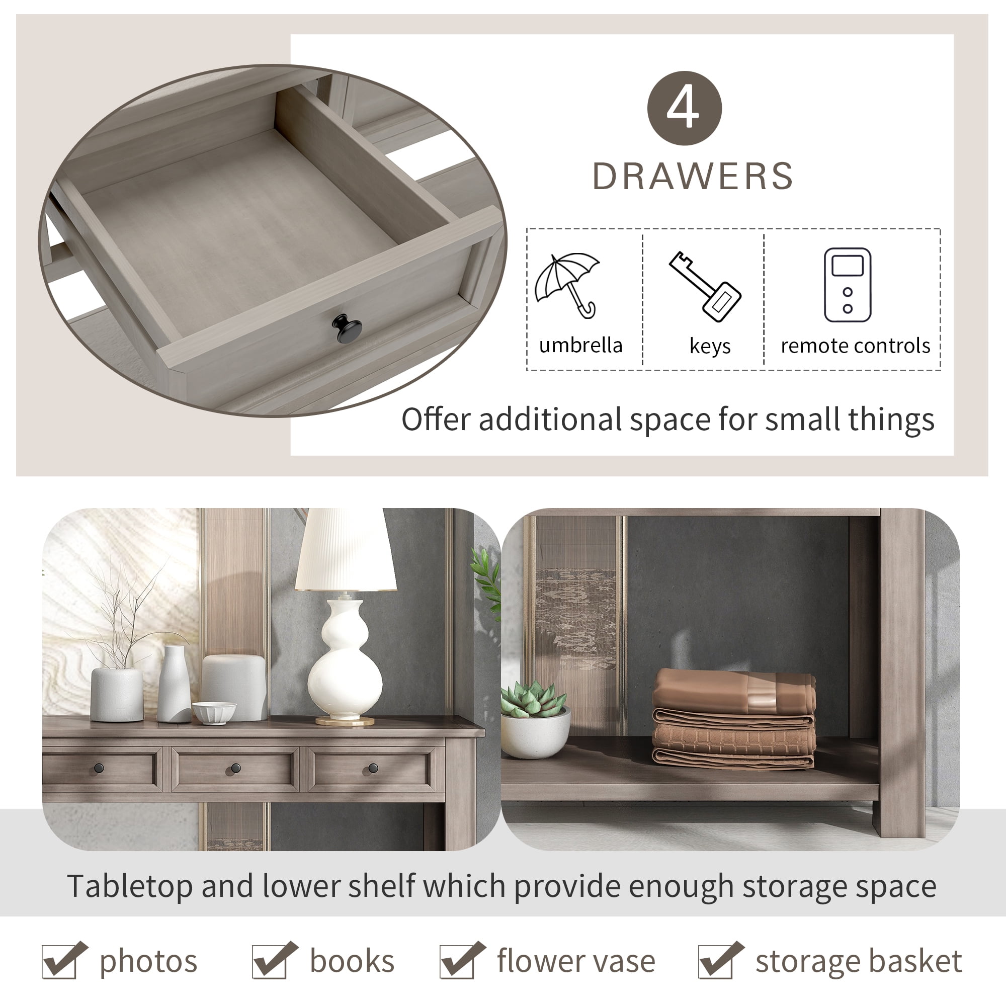 Euroco Storage Solid Wood Console Table, Gray Wash