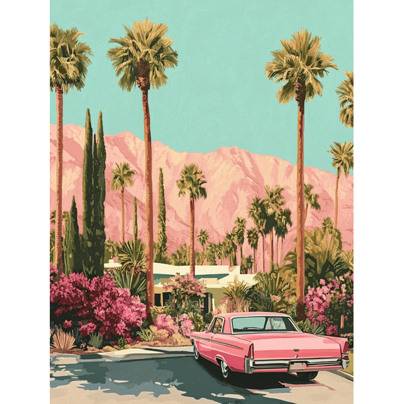 Pink Car Palm Trees Canvas Painting/Wall Art, Suitable for Living Room, Bedroom, Office, Hallway, and Dining Room Decoration.