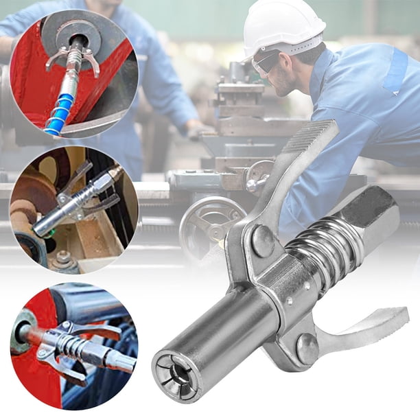 Acoplador de pistola de engrase con mango | Engrasador de bloqueo de alta resistencia | Diseño a prueba de fugas de 6 mordazas | Rosca NPT de 1/8" | Acero inoxidable | 12000 PSI | Incluye manguera