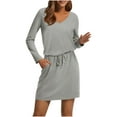 thumbnail image 2 of Taylonsss Womens Casual Dress Long Sleeve V Neck Solid Color Drawstring Waist Midi Dress with Pockets Relaxed Fit, 2 of 4