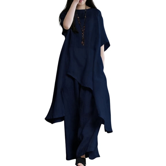 Stichou Women's 2 Piece Linen Set Solid Color Long Sleeve Irregular Hem Top and Wide Leg Swing Pants Trousers Suits Navy 2XL