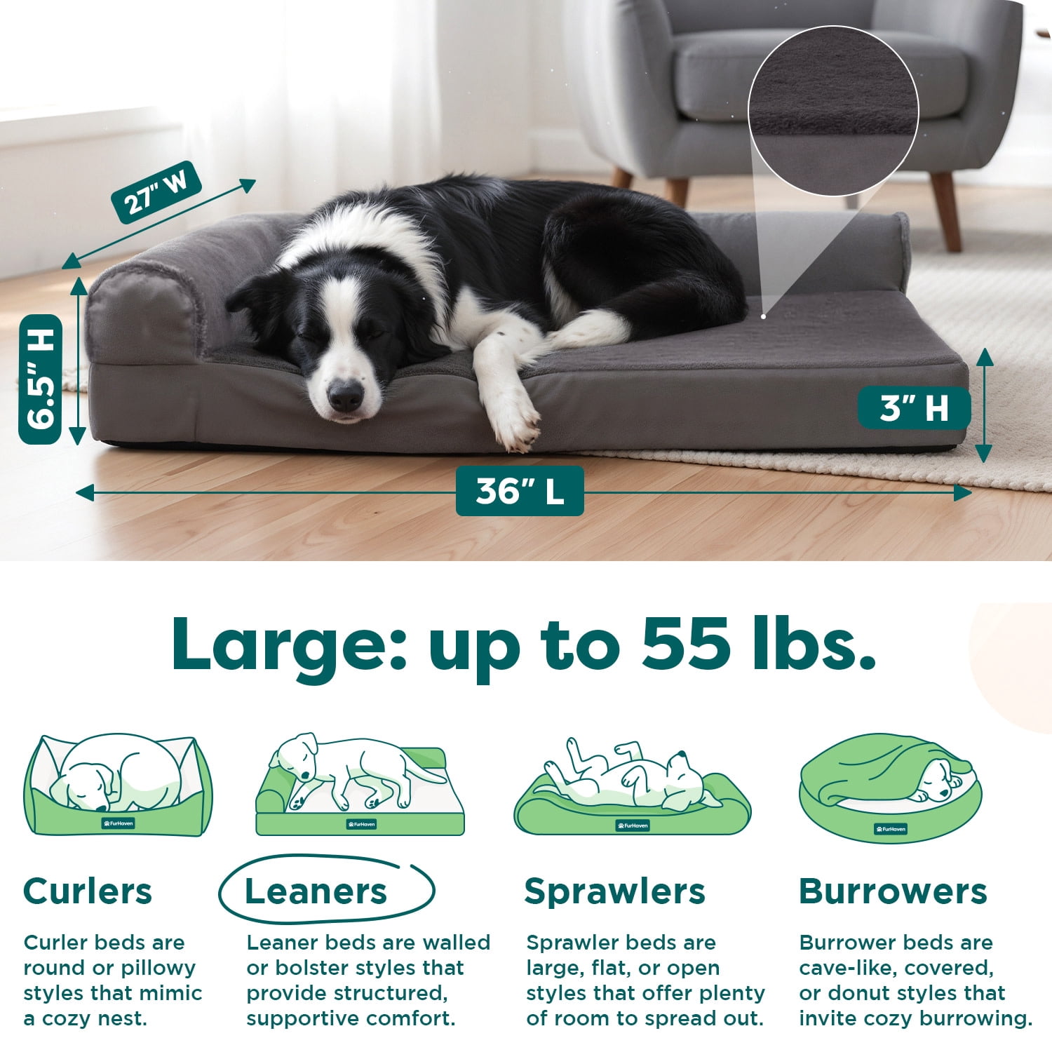FurHaven Pet Products Plush & Velvet Deluxe Chaise Lounge Orthopedic Sofa-Style Pet Bed for Dogs & Cats - Platinum Gray, Large