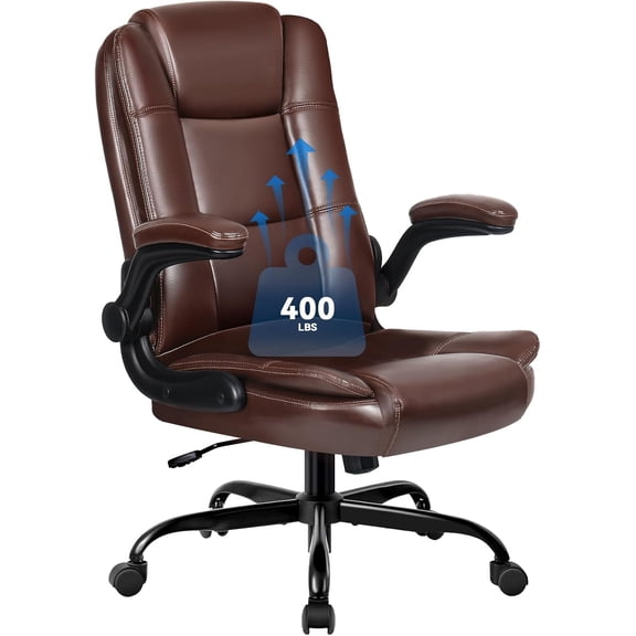 VITESSE Ergonomic Office Chair with Flip-up Armrests, Big and Tall Leather Executive Office Chair, High Back Lumbar Support Home Computer Desk Chair, Heavy and Duty Computer Chair (Brown)