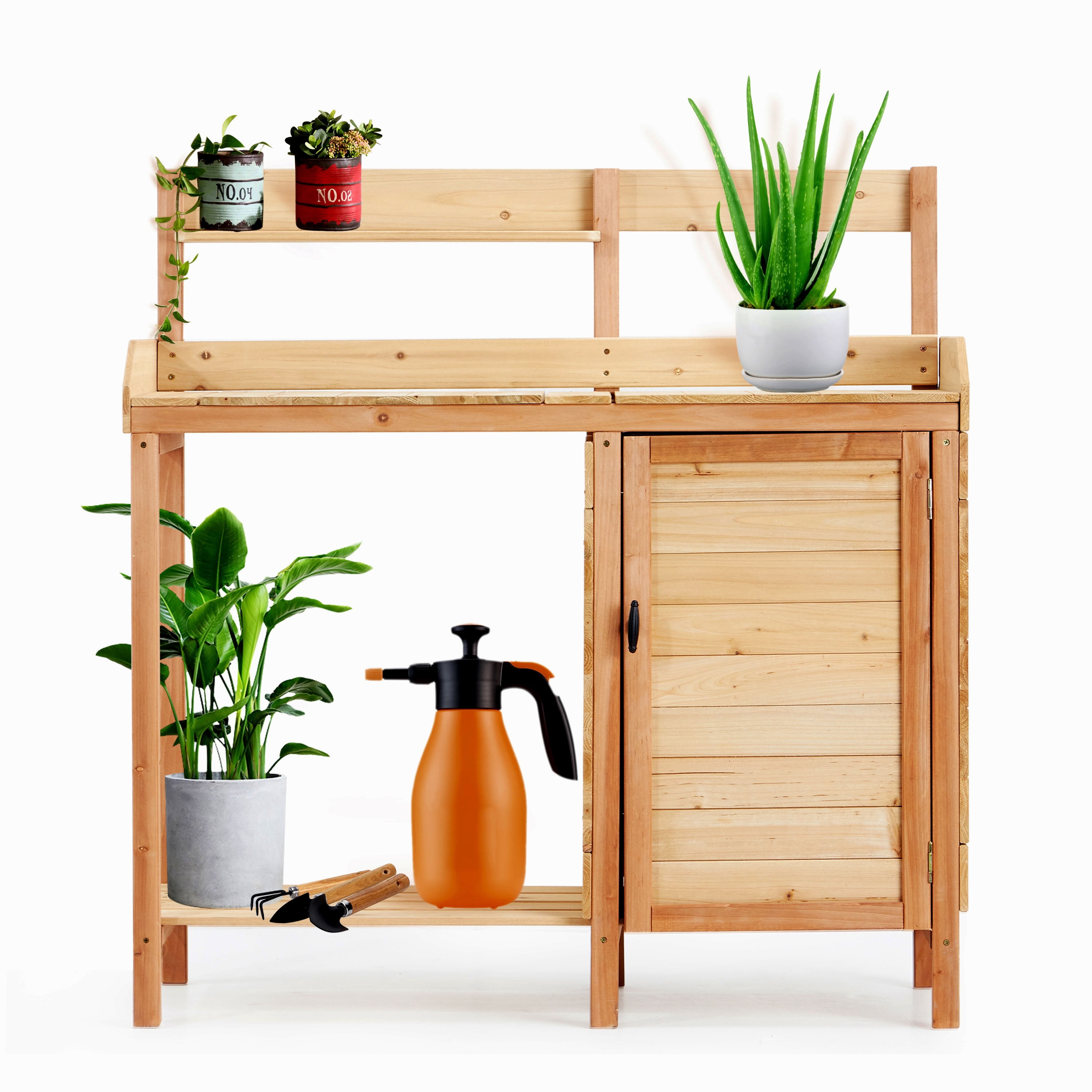 MAYEERTY Outdoor Wooden Potting Bench with Sink, Removable Tray & Side Hooks, Garden Workstation for Patio, Backyard