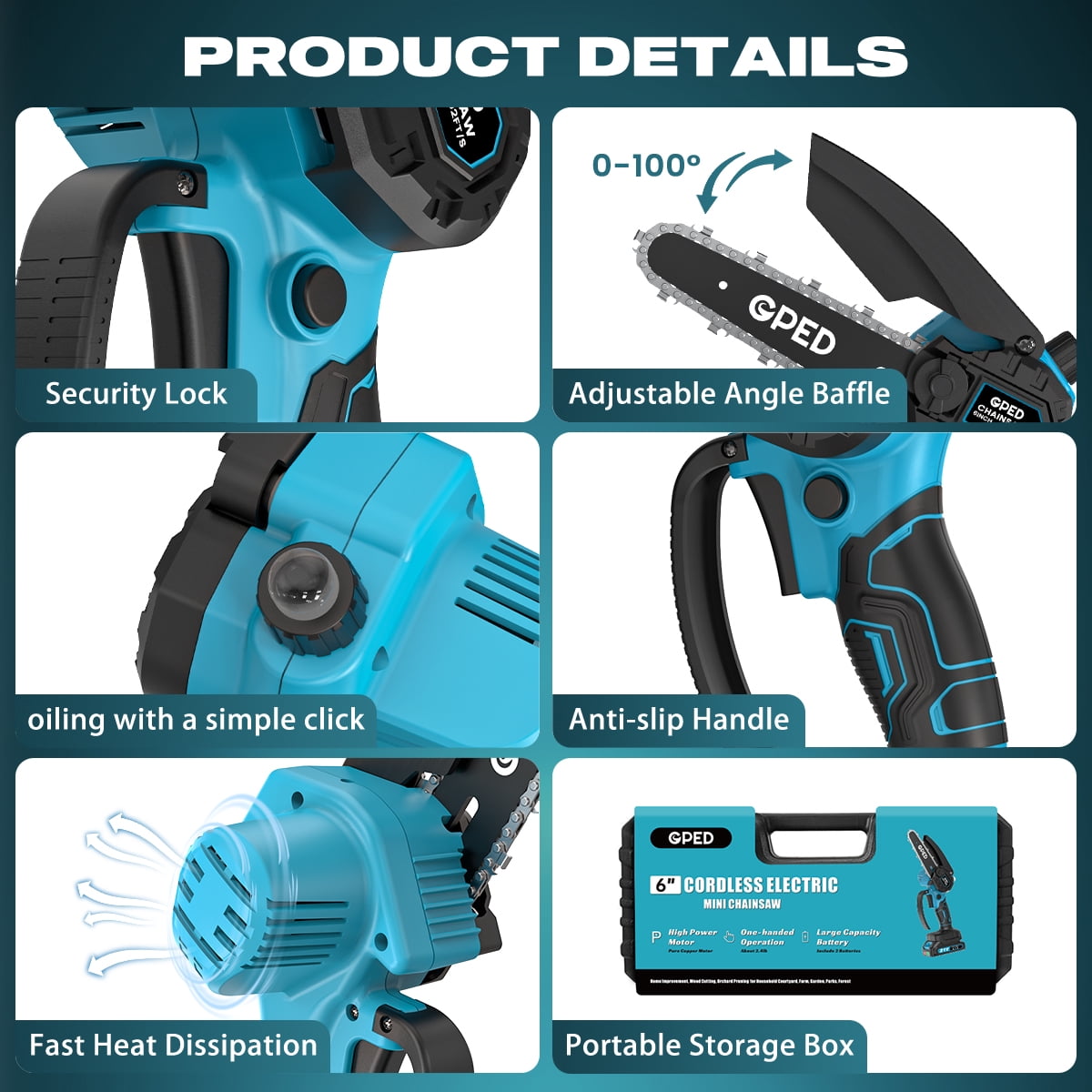 GPED 6 Inch Mini Chainsaw Cordless with 2 Batteries, Automatic Oiler Portable Electric Chain Saw, Hand Saw for Wood/Trees Cutting, Household and Garden, Father's Day Gift for Men Dad Husband, Blue