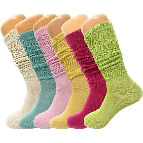 6 Pairs Colorful Slouch Knee High Socks with Thin Sole Shoe Size 5 to 10 (Aqua Green - Pink - Limone - Fuchsia - Ecru - Lemon Green)