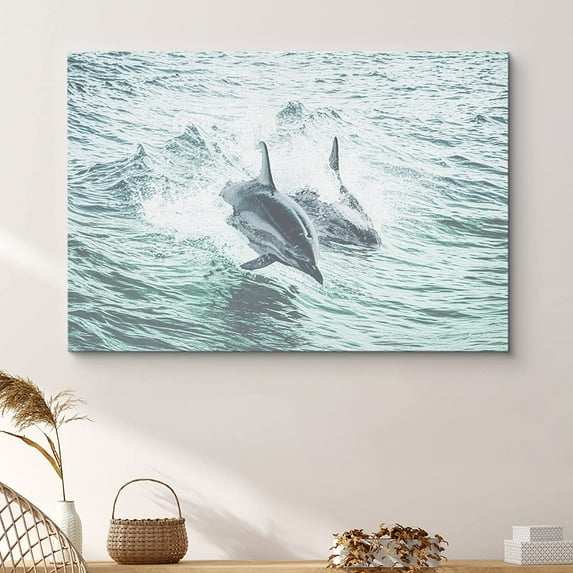 PixonSign Canvas Print Wall Art Dolphin Duo Swims in Water Amphibians Ocean Photography Modern Art Nautical Closeup Colorful Blue Ultra for Living Room, Bedroom, Office - 32"x48"