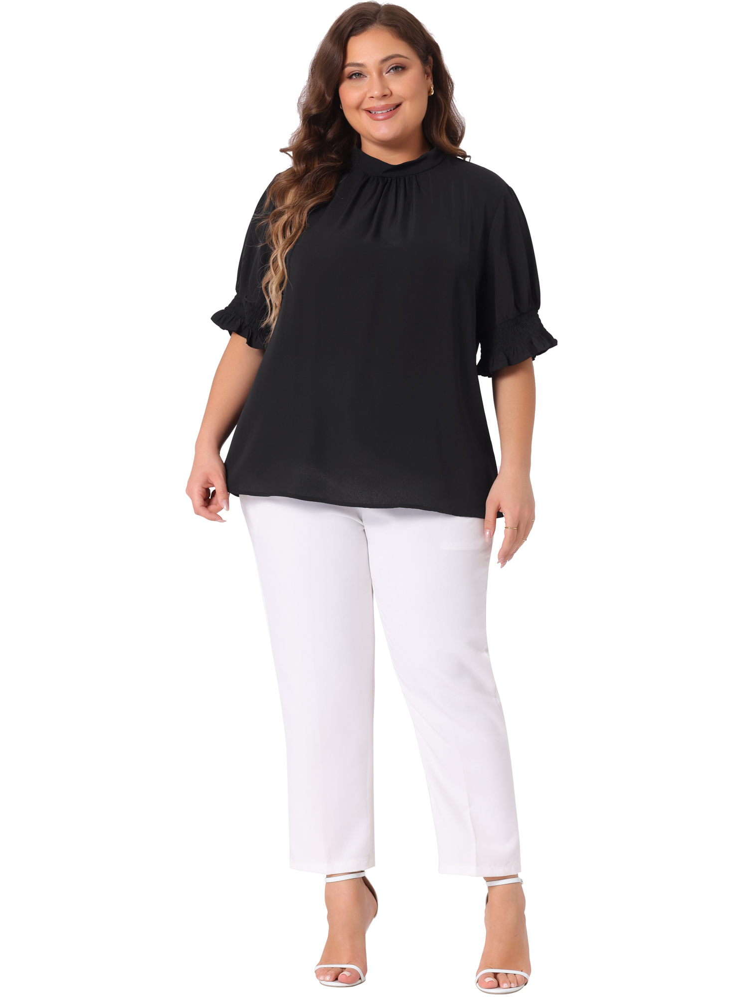 DARING DIVA Women's Plus Office Pleated Short Puff Sleeves Mock Neck Top 1X Black