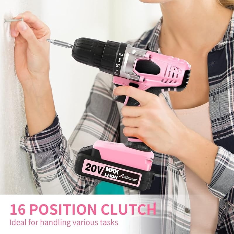 20V MAX Lithium lon Cordless Drill Set, Power Drill Kit with Battery and Charger, 3/8-Inch Keyless Chuck, Variable Speed, 16 Position and 22pcs Drill Bits (pink)